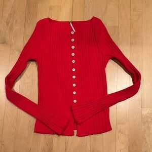 Free People Vibrant Red Ribbed Cardigan